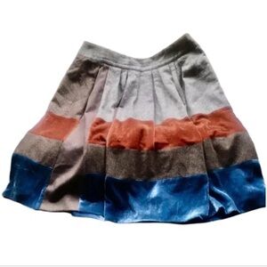 Etro brown wool plaid, orange blue silk velvet stripe,pleated patchwork skirt 48